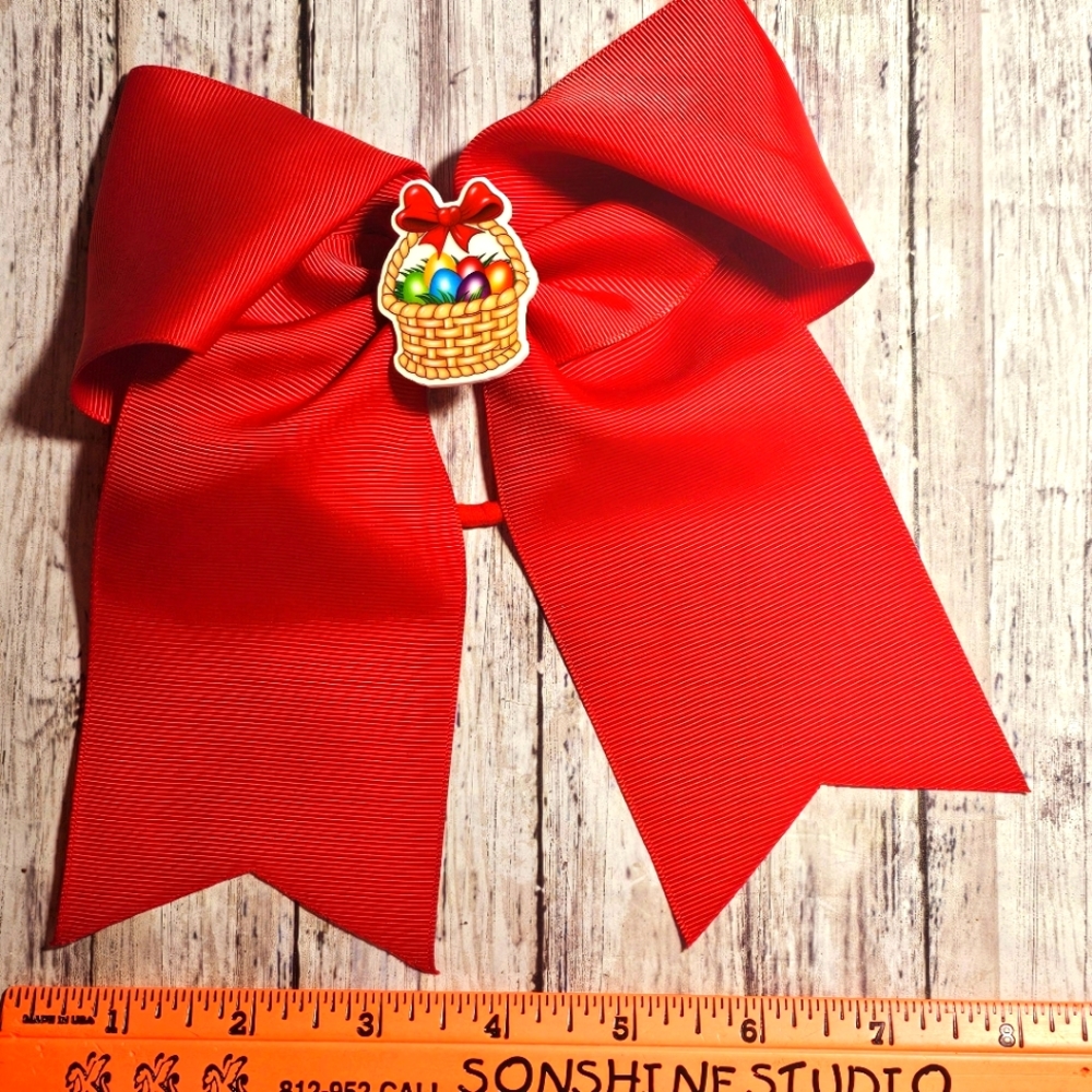 Red Easter Hair Bow Ponytail Holder with adorable Easter Basket center